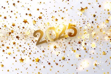 Happy New Year 2025. Holiday illustration with 2025 logo text design, sparkling confetti and shining stars background.