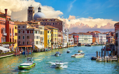 Grand Canal in Venice Italy. Panoramic view to picturesque landscape city and cathedral Dome....