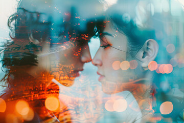Double-exposure image of a beautiful Asian couple and city lights, creative couple photo isnpiration