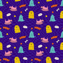 Cute Dogs Illustration in Y2k Style. Vector Seamless Pattern with Flat Cartoon Puppies.