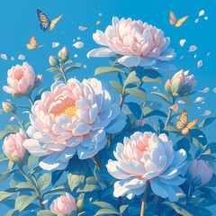 A captivating 3D painting depicting a beautiful bouquet of pink and blue flowers, exuding the freshness of springtime. The fluttering butterflies add an enchanting touch to this idyllic scene.