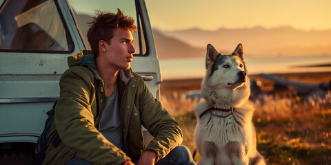 Handsome young male traveler and his dog going on a trip by a minivan. Adventurous young man with a pet. Hiking and trekking on a nature trail.