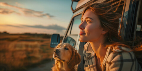 Beautiful young female traveler and her dog going on a trip by a minivan. Adventurous young woman with a pet. Hiking and trekking on a nature trail.