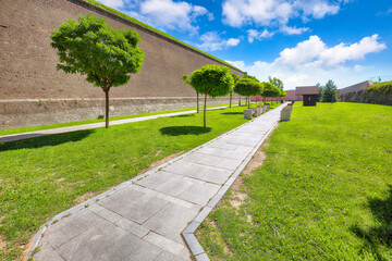 Amazing cityscape and aged medieval defense fortification walls with  green lawn in medieval fortress of Alba Iulia (Carolina).