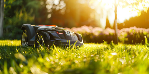 Robot lawn mower on perfectly manicured lawn on sunny summer evening, on a backdrop of residential house backyard.