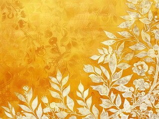 Warm orange background with a vibrant and luxurious golden floral pattern.