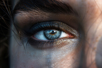 The captivating play of light and shadow on a woman's eye with smoky gray eyeshadow, adding depth and intensity.