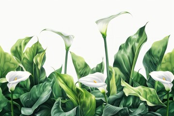 A painting of a bunch of white flowers with green leaves. The flowers are in a row and are all facing the same direction