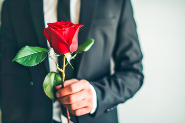 Handsome young Latino man in decent suit holding a stem of fresh red rose as a gift for his girlfriend, copy space, concept of propose, Valentine's Day