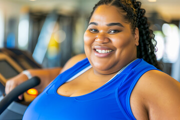 Fototapeta premium Happy confident overweight woman in blue fitness clothes on trainer treadmill in gym, close up, copy space, concept of healthy lifestyle, losing weight, work out in gym
