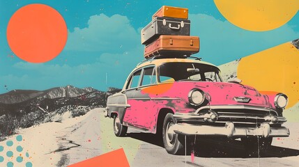 Vintage car with luggage on beach. Contemporary art collage. Summer vacation and travel concept. Retro aesthetics. Modern design for poster, print. Road trip