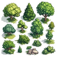 Tree and Bush Environment Video Game Assets Pixel Art Pack, Retro Outdoor Plants Pixelated Green Gaming Sprites Set, White Background, Isolated Summer Spring Platformer Objects Environmental Elements