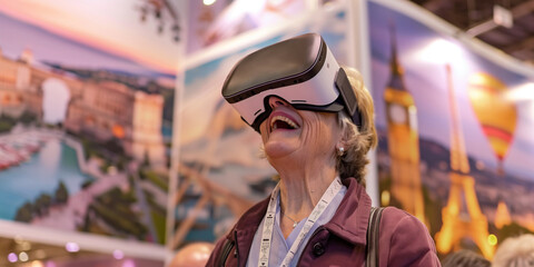 Senior person wearing a virtual reality headset at a tech expo. Elderly woman virtually travel to exotic locations in the booth decorated with images of famous landmarks.