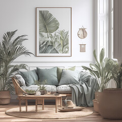 This minimalist living room exudes comfort and style with its white walls, wooden accents, and a soothing color palette of soft greens and blues. The space is tastefully decorated with plants,