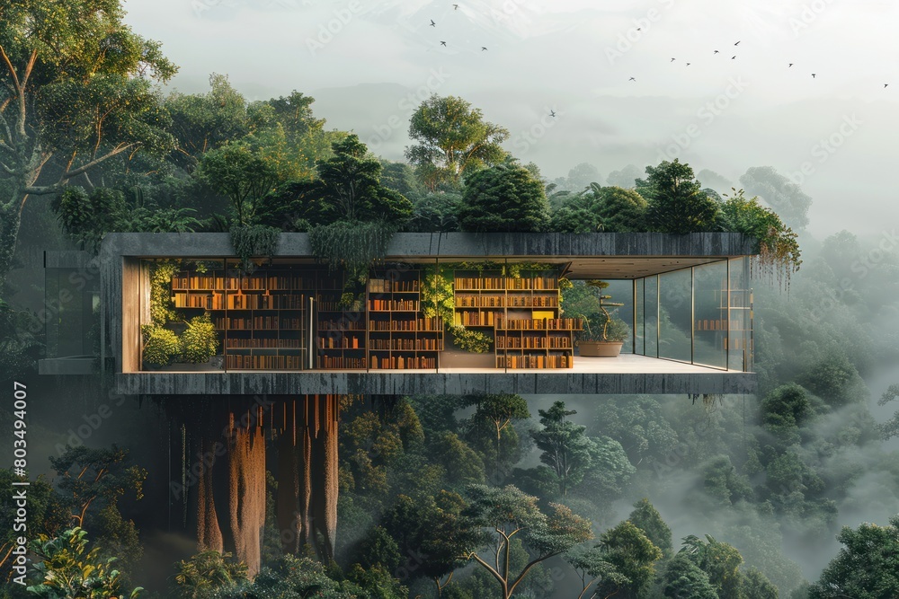 Poster a house is built on a tree in the middle of a forest