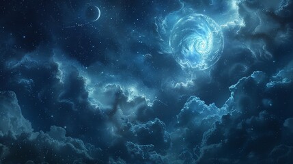 The dynamism of a swirling galaxy surrounded by celestial bodies that shine like jewels against a dark cosmic backdrop