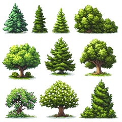 Tree and Bush Environment Video Game Assets Pixel Art Pack, Retro Outdoor Plants Pixelated Green Gaming Sprites Set, White Background, Isolated Summer Spring Platformer Objects Environmental Elements