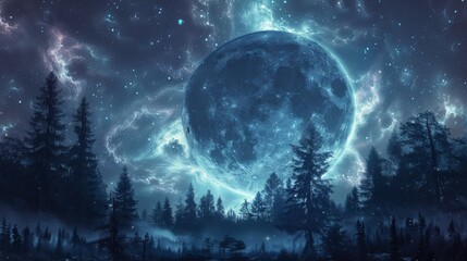 An image that captures the awe-inspiring sight of a giant moon looming over a mystical forest under a captivating night sky
