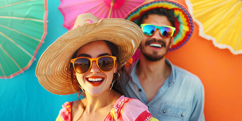 Two happy young people celebrating Cinco de Mayo. Festive elements on pastel background. Traditional Cinco de Mayo decor and party accessories.