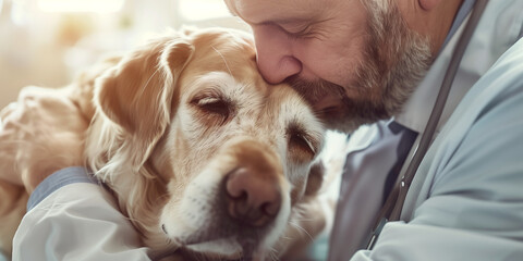 Male vet comforting a dog at vet clinic. Pet at veterinarian doctor. Animal clinic. Pet check up and vaccination. Health care.