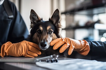 A dog sits at a table, wearing a pair of gloves placed in front of it