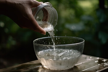 A person pouring water from a pitcher into a ceramic bowl on a wooden table