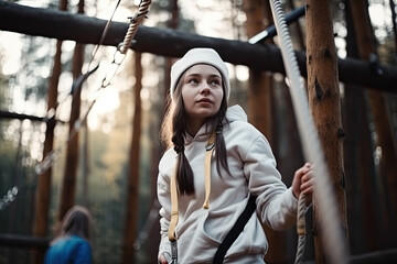 Obraz premium A young girl balancing on a rope in a forest setting