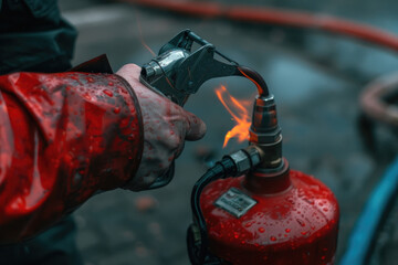 Naklejka premium A fire extinguisher being used to extinguish flames in a controlled environment