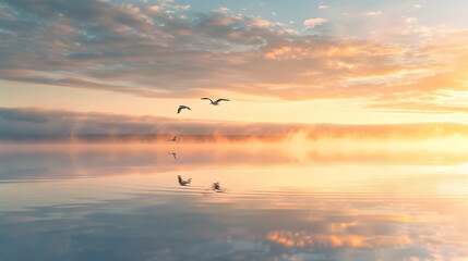 A serene estuary scene at sunrise, with soft golden light reflecting on the water and birds in mid-flight