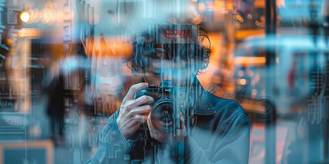 Street photographer capturing the essence of urban life, his reflection seen in a store window amidst the citys hustle and bustle.