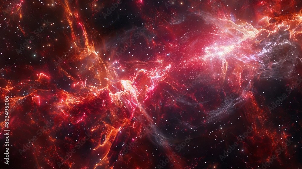 Poster this dynamic image captures a cosmic phenomenon resembling a fiery nebula, combining vibrant reds, o