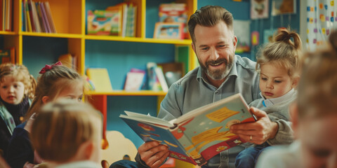 Handsome professional male teacher of nursery school or kindergarten reading a book to a group of...