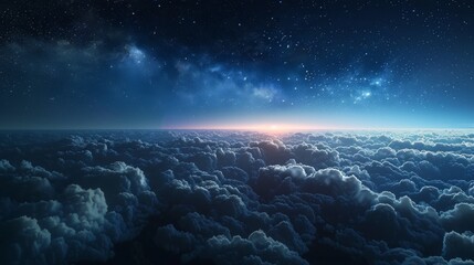 A beautiful overhead view of a cloudy sunset transitioning into a starry night sky, expressing a natural transition
