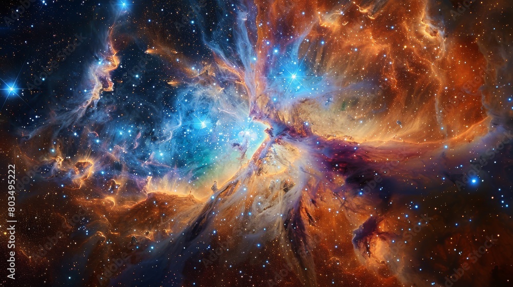 Poster stunning visual of scintillating star formation nestled within the folds of a richly colored nebula,
