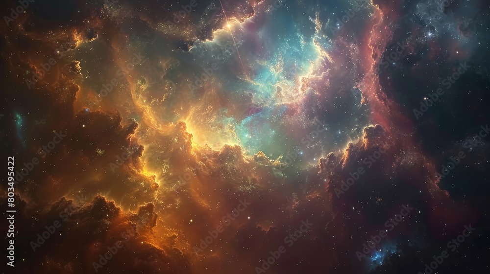Poster this mesmerizing image captures the beautiful chaos of colorful nebulae, with swirling hues of reds 