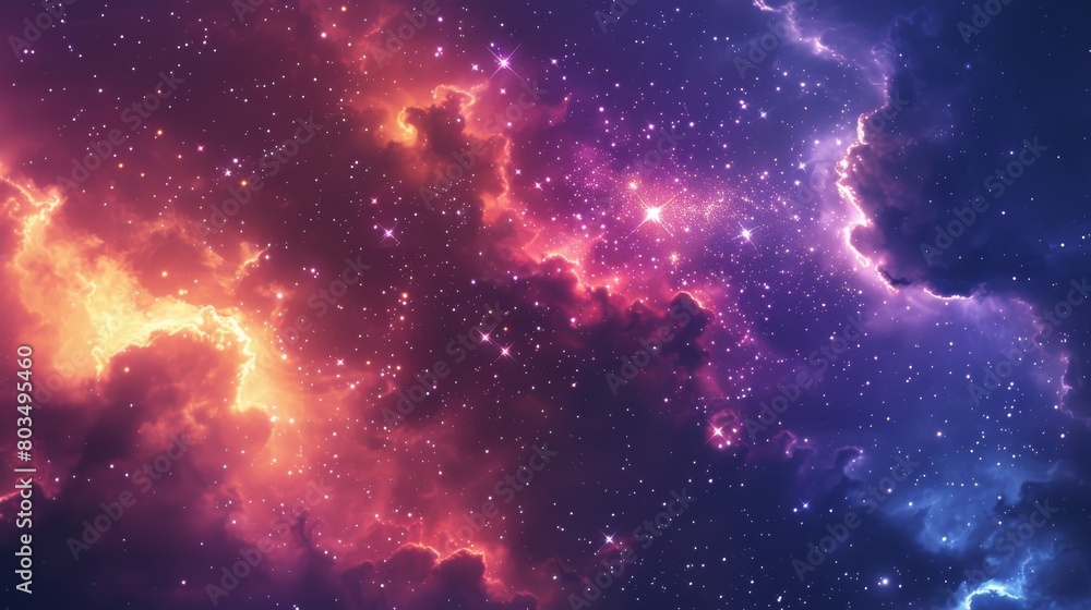 Poster A dazzling array of stars and bright nebulous regions set against the deep purples and pinks of cosmic space invoke a sense of wonder