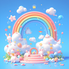 3D Illusion of a Radiant Rainbow World with Colorful Clouds and Playful Animals