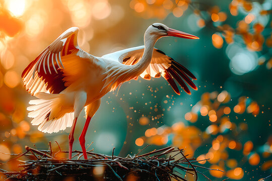 Cigogne s'envolant de son nid