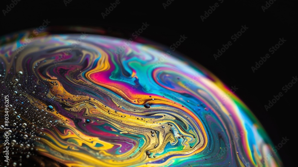 Poster This macro shot captures the psychedelic swirls and glittering patterns on the surface of a soap bubble