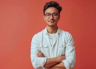 Asian Male on Salmon Background created with Generative AI Technology, ai, generative