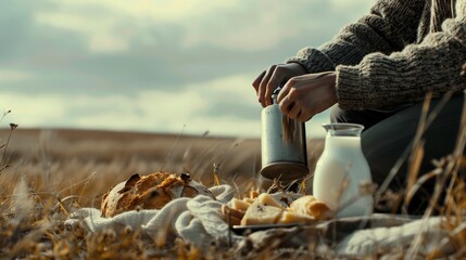 A farmer taking a break in the field to enjoy a simple meal of fresh bread and cheese, with a flask of cold milk beside them.