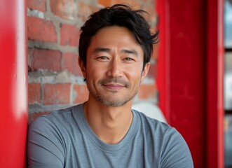 Obraz premium Asian Male on Red Background created with Generative AI Technology, ai, generative