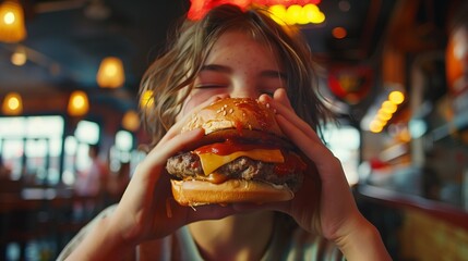 A teenager devouring a towering burger with gusto, their face smeared with ketchup and cheese.