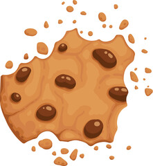 Bitten chocolate chip cookie. Crunch homemade brown biscuit broken with crumbs. Cartoon baked round choco cookie bite animation vector. Illustration animation disappear choco crumb piece bakery