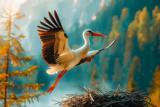 Cigogne s'envolant de son nid