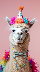 Festive llama in party hat and bow tie