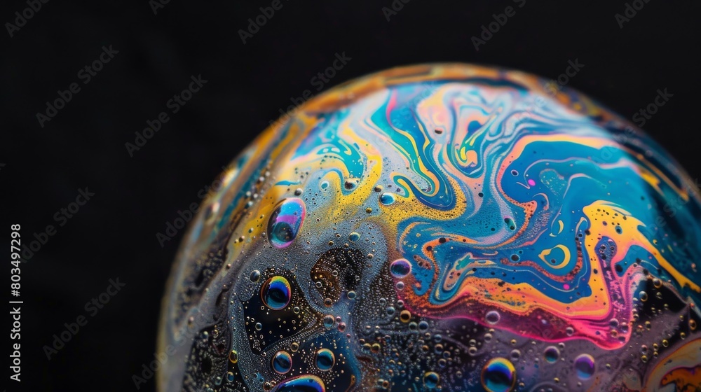 Poster macro shot of a soap bubble exhibiting a vibrant swirl of colors and reflective patterns