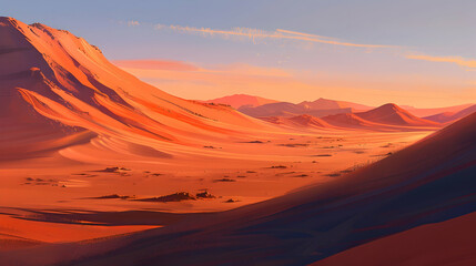 Naklejka premium A serene sunrise over the vast sandy expanse of a desert, with long shadows and vibrant orange hues on the dunes