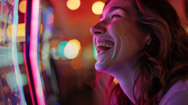 Vibrant neon-lit arcade game machine next to a person with a blurred face and curly hair - Powered by Adobe