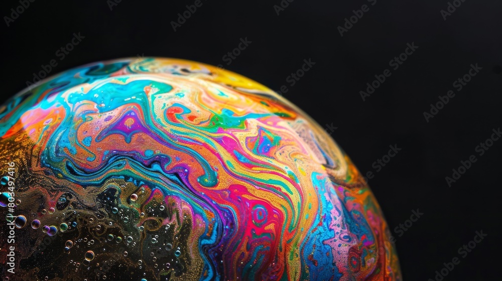 Poster the image depicts vibrant colors and fluid-like swirls on a close-up of a soap bubble